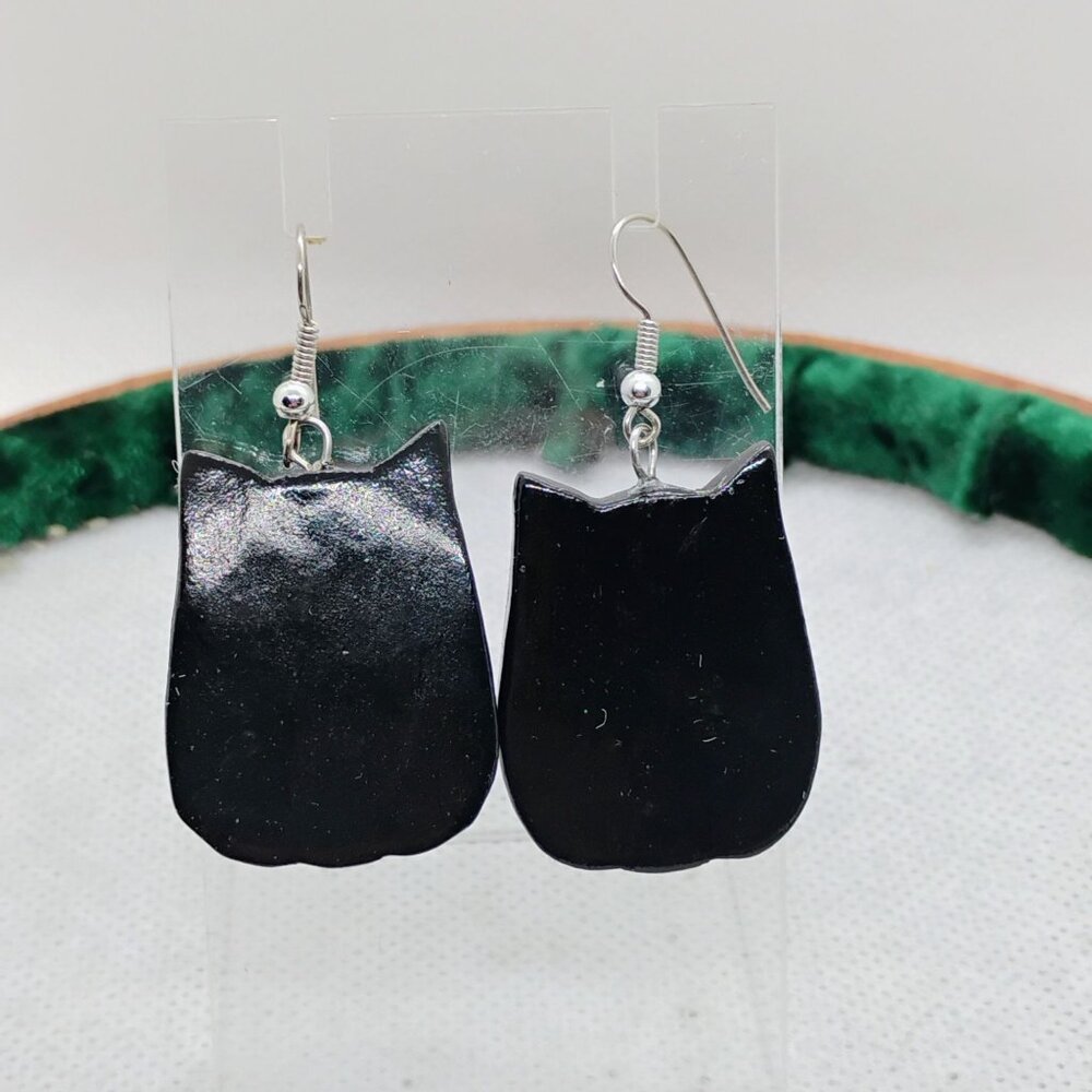 Wood Painted Cat Dangle Earrings Egyptian Asian Boho Style - Picture 4 of 4